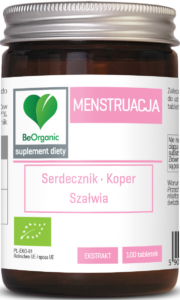 TABLETKI POLECANE PRZY MENSTRUACJI (SERDECZNIK, KOPER, SZAŁWIA) BIO 100 szt. - BE ORGANIC