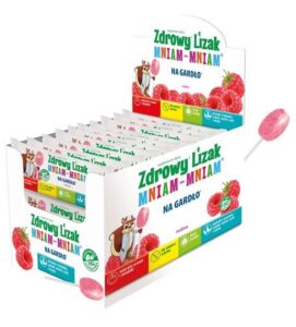 LIZAK O SMAKU MALINOWYM NA GARDŁO BEZ CUKRU BEZGLUTENOWY 6 g – ZDROWY LIZAK (MNIAM MNIAM)