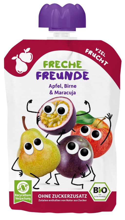 MUS JABŁKO - GRUSZKA - MARAKUJA BEZ DODATKU CUKRÓW BEZGLUTENOWY OD 6 MIESIĄCA BIO 100 g - FRECHE FREUNDE