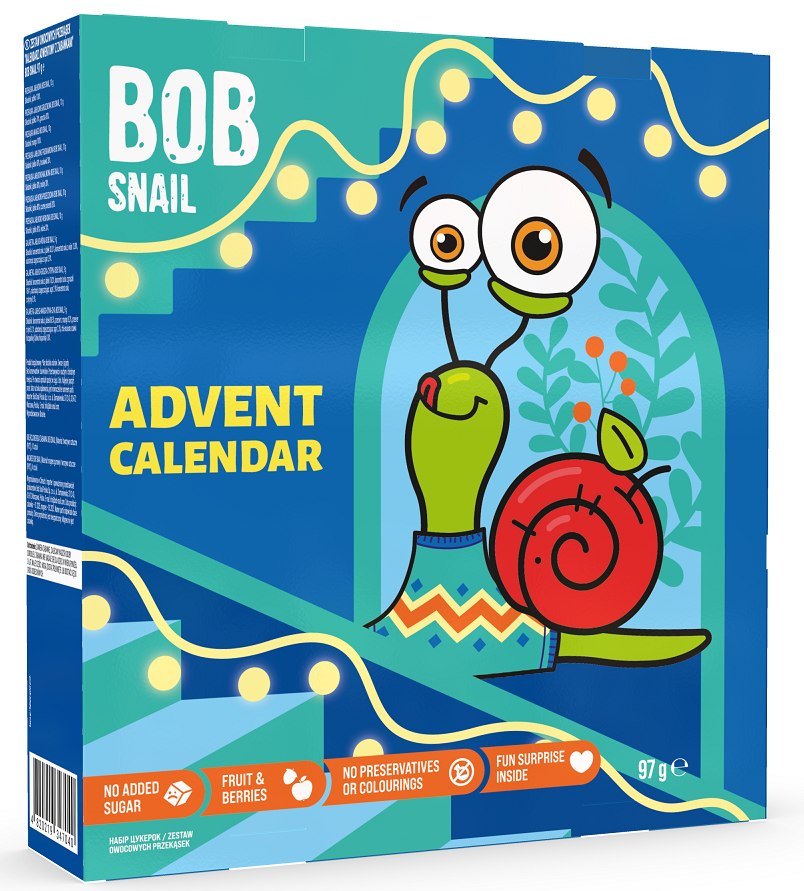 KALENDARZ ADWENTOWY - PRZEKĄSKI I GALARETKI OWOCOWE Z ZABAWKAMI BEZ DODATKU CUKRÓW BEZGLUTENOWE 97 g - BOB SNAIL (PRODUKT SEZONOWY)