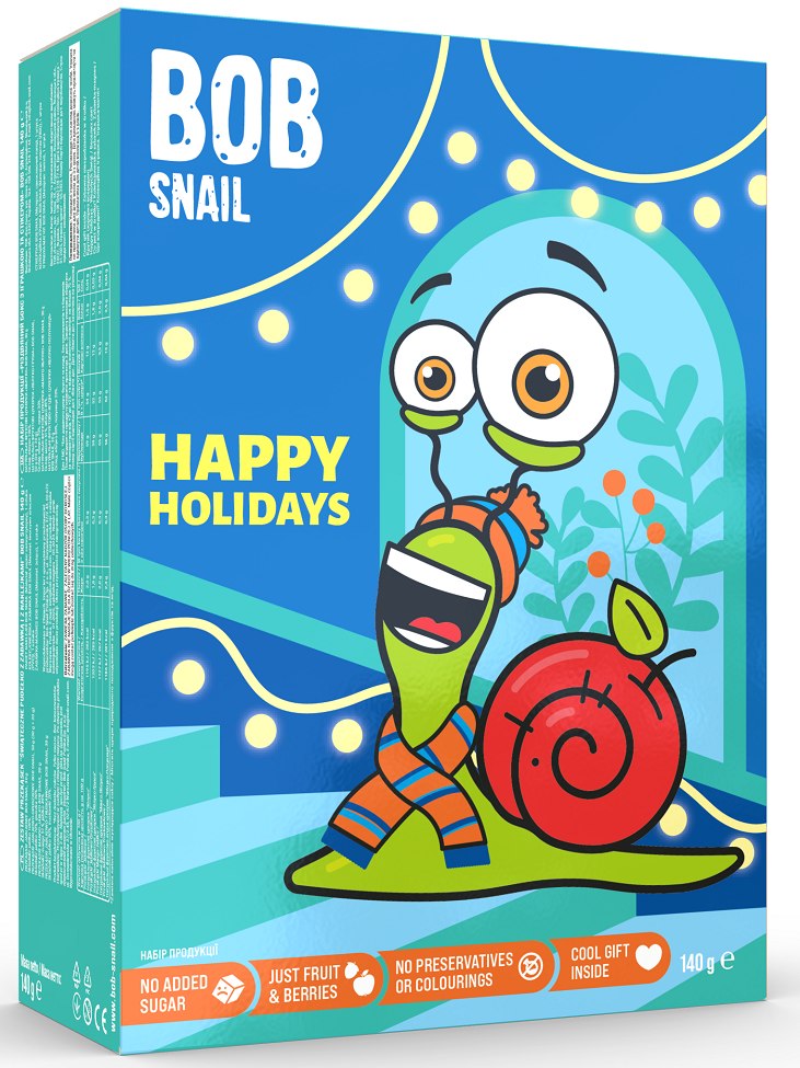 ZESTAW ŚWIĄTECZNY - PRZEKĄSKI OWOCOWE Z ZABAWKĄ I NAKLEJKĄ BEZ DODATKU CUKRÓW BEZGLUTENOWE 140 g - BOB SNAIL (PRODUKT SEZONOWY)