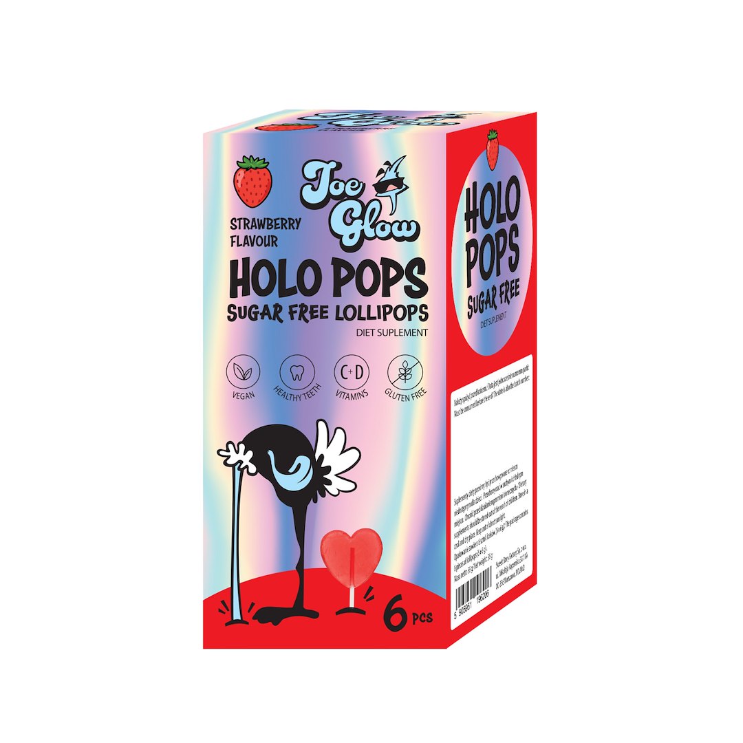 LIZAK HOLO POPS O SMAKU TRUSKAWKOWYM BEZ CUKRU BEZGLUTENOWY (6 szt.) 36 g - JOE GLOW