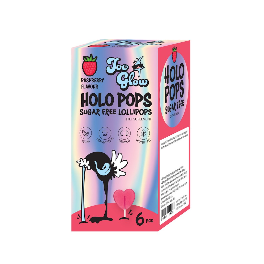 LIZAK HOLO POPS O SMAKU MALINOWYM BEZ CUKRU BEZGLUTENOWY (6 szt.) 36 g - JOE GLOW
